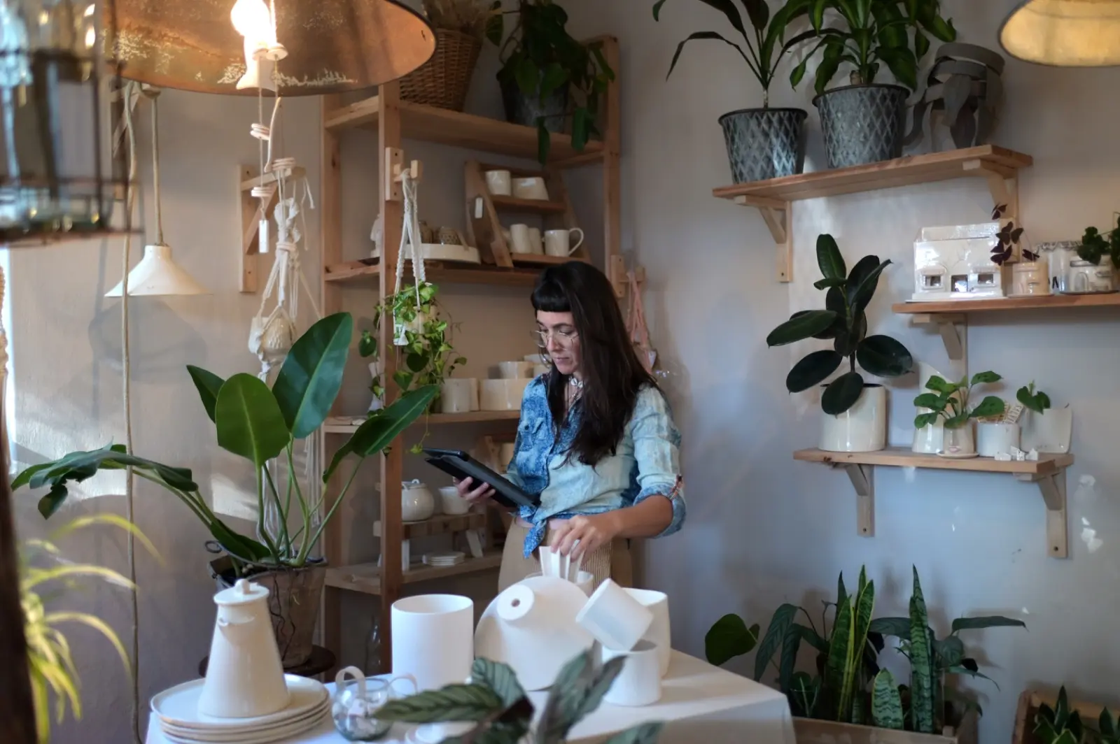 La ceramista entre estantes de madera, plantas y piezas de cerámica